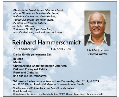 Anzeige unseres leider verstorbenen Seniorchefs, Reinhard Hammerschmidt.